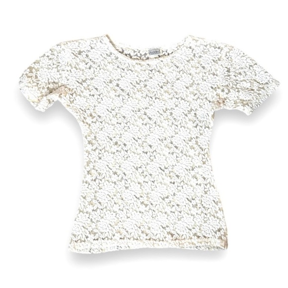 Vintage Tops - Vintage Jonden Light Yellow Floral Lace Mesh Baby Tee Women’s Size Small Spring
